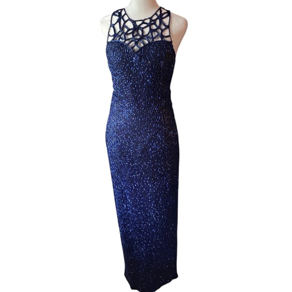 Vtg 90s Scala Silk Beaded Formal Dress Long Gown Dark Royal Blue Prom Caged Yoke